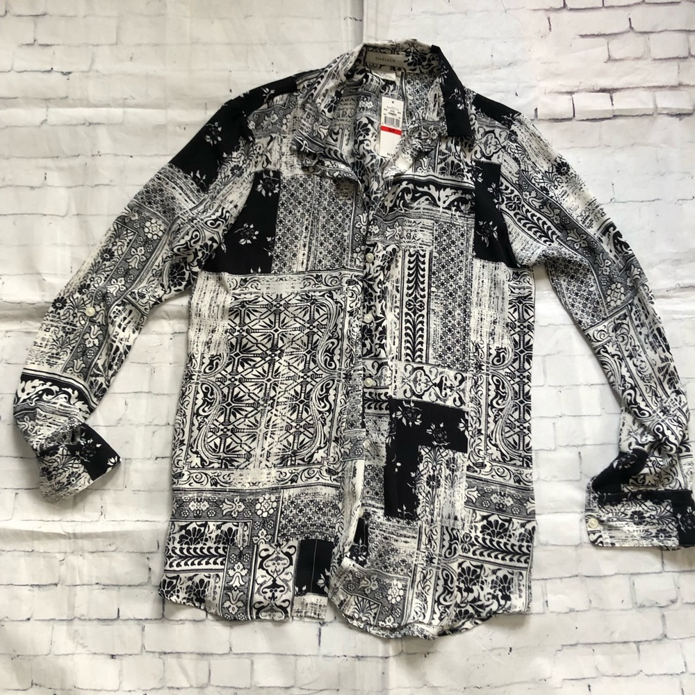 Womens shirt Van Heusen button down dress shirt XS black white floral NWT